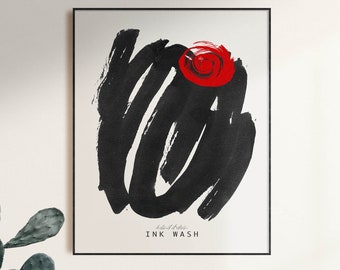 Abstract Ink Wash Print, Red Dot, Brush Strokes Wall Art