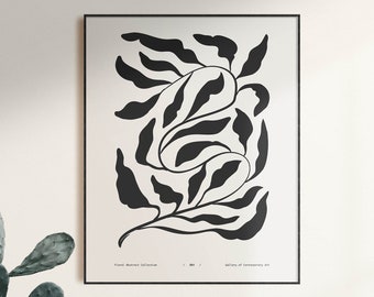 Abstract Botanical Print, Black and Beige Line Art, Neutral Decor