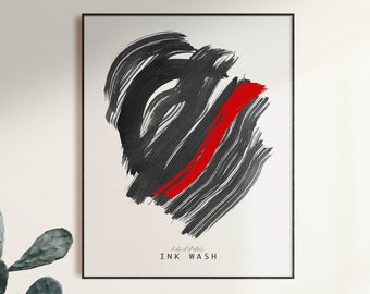 Abstract Ink Wash Print, Red and Black Japandi Art