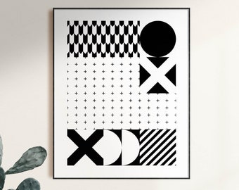 Bauhaus Geometric Pattern Print, Black and White Retro Wall Art