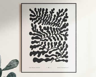 Black Beige Plant Print, Abstract Floral Wall Art