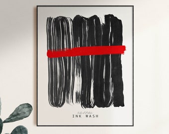 Ink Wash Abstract Art Print, Red Brush Stroke, Gallery Wall Decor