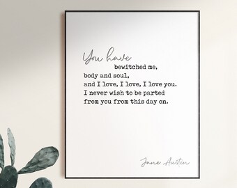 Cytat z "Dumy i uprzedzenia", wydruk, sztuka literacka o miłości Jane Austen