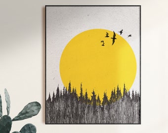 May include: A black and white illustration of a forest with a large yellow sun and black birds flying above. The illustration is framed in a black frame.