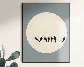 Moon and Birds Art Print, Nordic Minimalist Wall Decor