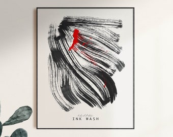 Abstract Ink Wash Print, Black Beige Red, Scandinavian Wall Art