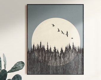 Lámina artística de luna llena y pájaros, bosque minimalista, decoración nórdica para pared