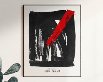 Red and Black Ink Wash Print, Abstract Brush Strokes Art