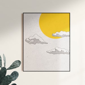 Sunshine,  Behind Clouds,  Art Print, Midcentury, BoHo, Sunburst Graphic, Wall Art, Monochrome, Sun and Clouds, Minimalist Abstract Print
