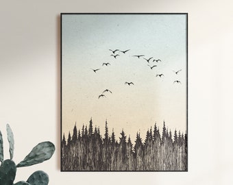 Stampa di silhouette di foresta, uccelli in volo, moderna arte murale naturalistica