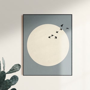 Full Moon and Birds, Art Print,  Flock of Birds, Moon Poster