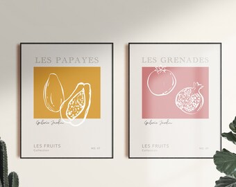 Kitchen Food Art, Pomegranate Poster, Papaya Poster, 2 prints, choice of 2, Fruit Prints, Set of 2, French Posters, Posters Sets