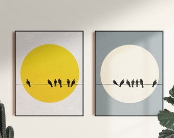 Sun and Moon Print, Birds on Line, Set of 2, Fine Art Print
