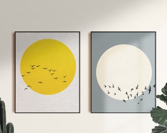 Sun Silhouette, Moon Silhouette, with Flying Birds, Set of 2 Prints