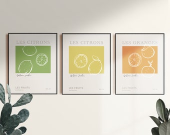 Citrus Fruit Prints, Kitchen Art, Set of 3