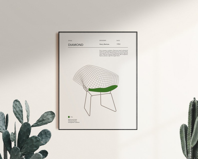 May include: A black and white illustration of a diamond chair designed by Harry Bertoia in 1952. The chair is made of wire mesh and has a green cushion. The text "DIAMOND" is at the top of the image.