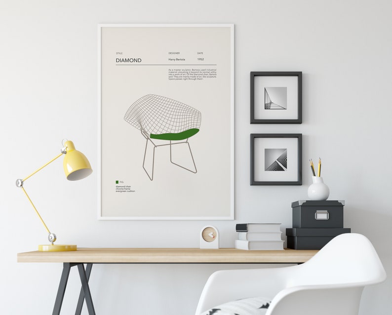May include: A minimalist poster with a line drawing of a Diamond chair by Harry Bertoia. The poster is framed and hanging on a white wall above a desk with a yellow lamp, a white chair, and a black box.