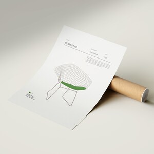 May include: A line drawing of a Diamond chair designed by Harry Bertoia in 1952. The chair is made of wire mesh and has a green cushion. The drawing is on a white background.