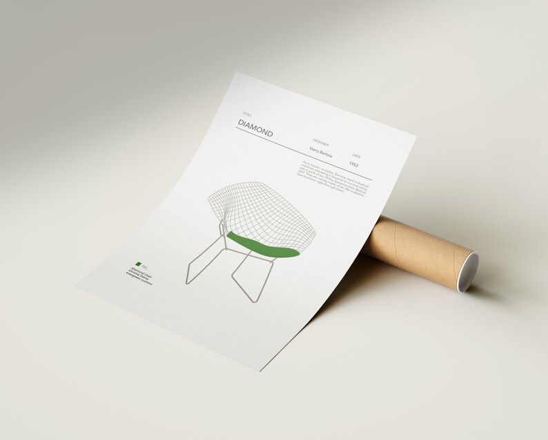 May include: A line drawing of a Diamond chair designed by Harry Bertoia in 1952. The chair is made of wire mesh and has a green cushion. The drawing is on a white background.