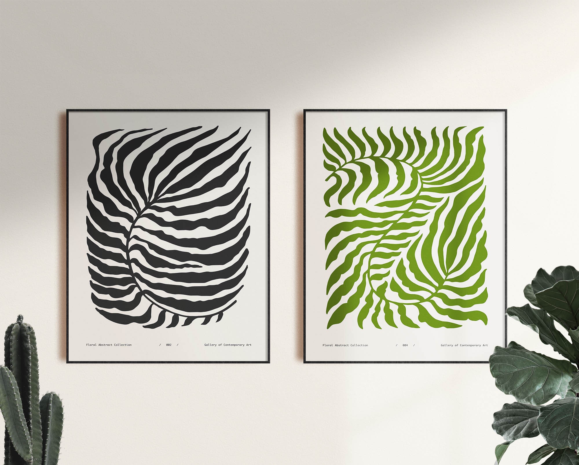 Set of 2, Floral, Leaves, Botanical, Leaf Print, Green Leaf, Black Leaf, Mid Century, Flower Market, Living room, Black and Beige, Botanical