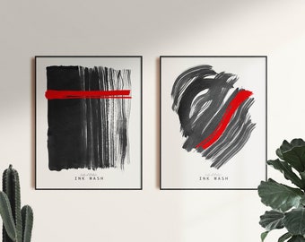 Japanese Ink Wash Print Set, Japandi Brush Art, Black and Red