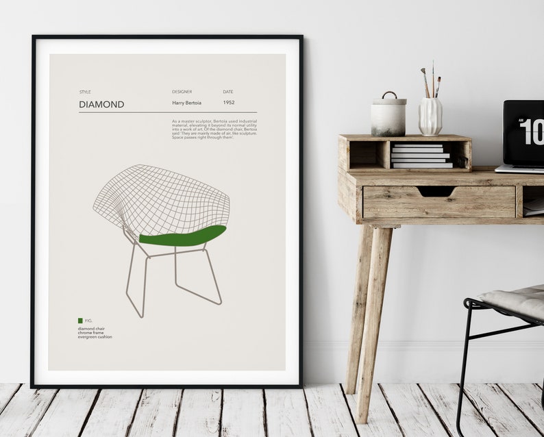 May include: A minimalist poster with a black frame featuring a line drawing of a Diamond chair with a green cushion. The poster has the text "DIAMOND" in large letters at the top and the text "DESIGNER Harry Bertoia DATE 1953" below the chair. The text "STYLE" is above the word "DIAMOND".