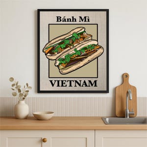 BÁNH MÌ | Impressão artística de sanduíche vietnamita | Inspiração colorida para viagens | Ilustração gastronômica | Pôster de parede de cozinha vietnamita | Somente impressão