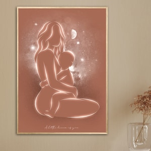Allaitement Illustration | Maman Bébé | Dessin au trait | Line Art | Galaxie | Moon | Breastfeeding mum | Cadeaux | Naissance Pregnant