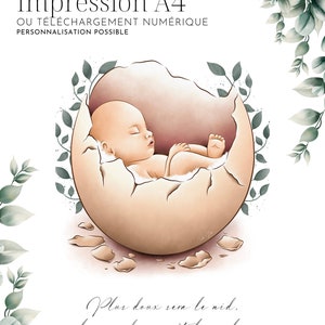 Illustration Bébé Oeuf Téléchargement numérique Line art Aquarelle IMPRESSION A4 Naissance Maternité Maman Cadeaux Decoration image 1
