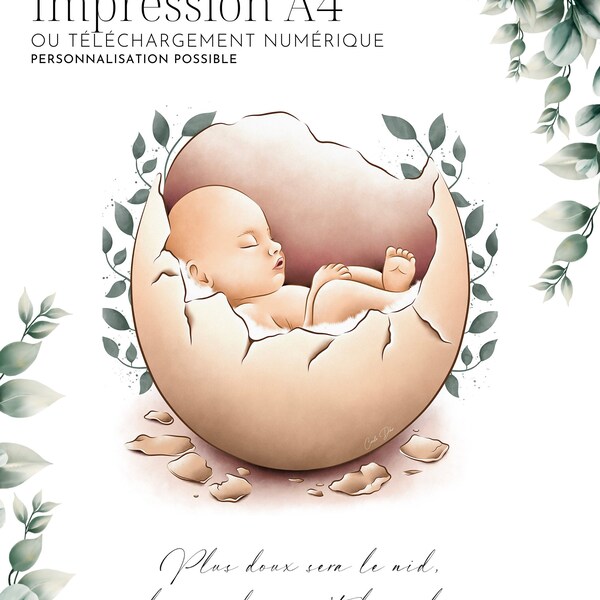 Illustration Bébé Oeuf- Téléchargement numérique - Line art- Aquarelle -  IMPRESSION A4 - Naissance Maternité Maman Cadeaux Decoration