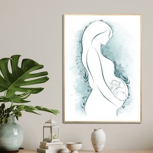 Embarazo Maternidad Ilustración Feto Bebé Acuarela Pintura | Descarga de arte digital | Póster de decoración de interiores | Partera