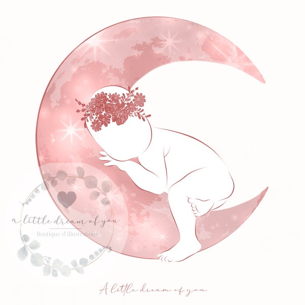 Digital illustration Logo Baby on the moon- Moon baby- Birth- Maternity- Minimalist Line Art drawing- Midwife - Doula PNG