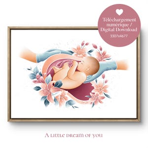 Cesárea, mamá, padres, bebé, feto, nacimiento, maternidad - Ilustración floral en colores - Descarga digital