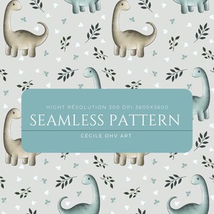 Peut inclure: Motif sans couture avec des dinosaures dessinés à l'aquarelle dans des tons gris et bleus, accompagnés de brins de feuilles et de petites fleurs. Le texte "SEAMLESS PATTERN" est affiché sur un fond bleu sarcelle.