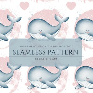 Peut inclure: Motif sans couture avec des baleines bleu clair aux yeux fermés, nageant dans des cercles et des cœurs roses à l'aquarelle. Le texte sur l'image indique "SEAMLESS PATTERN" et "CÉCILE DHV ART".