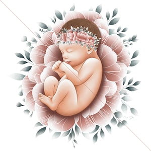 Illustration Foetus Couronne Fleurs | Téléchargement numérique | Grossesse Naissance Maternite | Maman | Line Art Cadeaux Chambre bébé