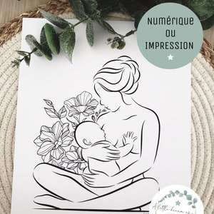 Breastfeeding Illustration - Mom Baby- Digital Download - Line art- Minimalist Drawing PRINT A4 - Breastfeeding mum Birth