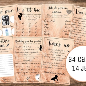 Jogos de CHÁ DE BEBÊ em francês - 34 cartas - 14 jogos Baixe e imprima - Revelação de gênero - Futura mãe - Gravidez - Chá de bebê - Equipe Noiva