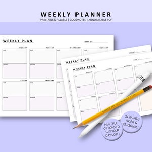 May include: Printable weekly planner with two different layouts. The planner is designed for use with Goodnotes and is annotatable. The planner has a black and white design with the words "Weekly Plan" at the top of each page. The planner is shown on a light purple background with two pencils.