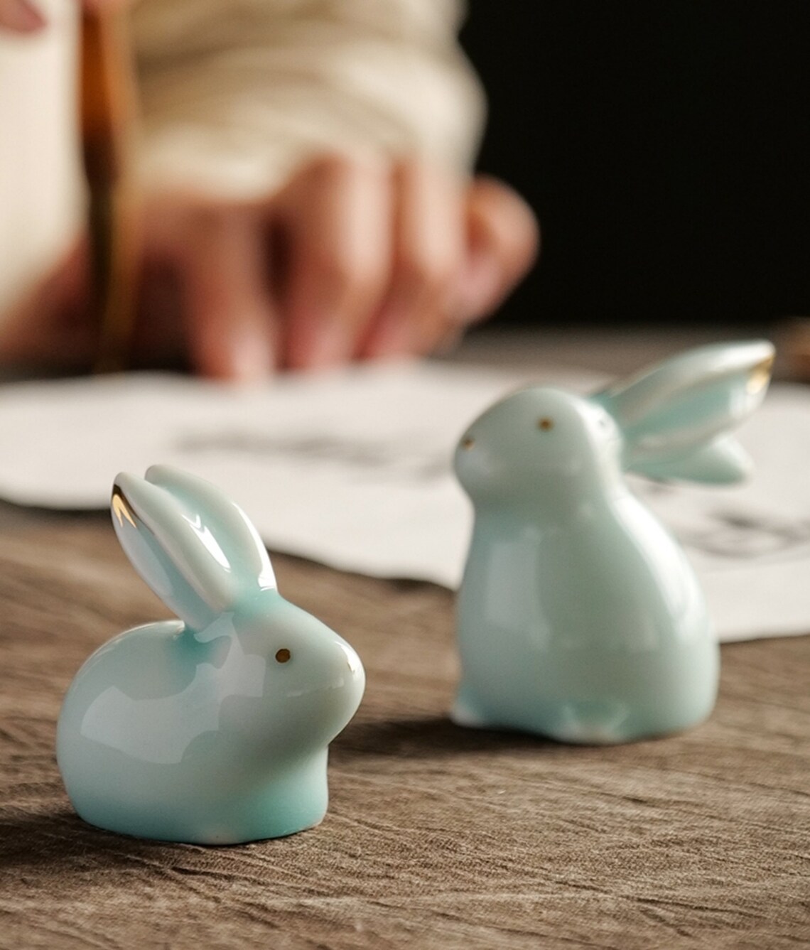 Ceramic Rabbit Figurine Handmade Rabbit Ceramic Bunny Sculpture Blue