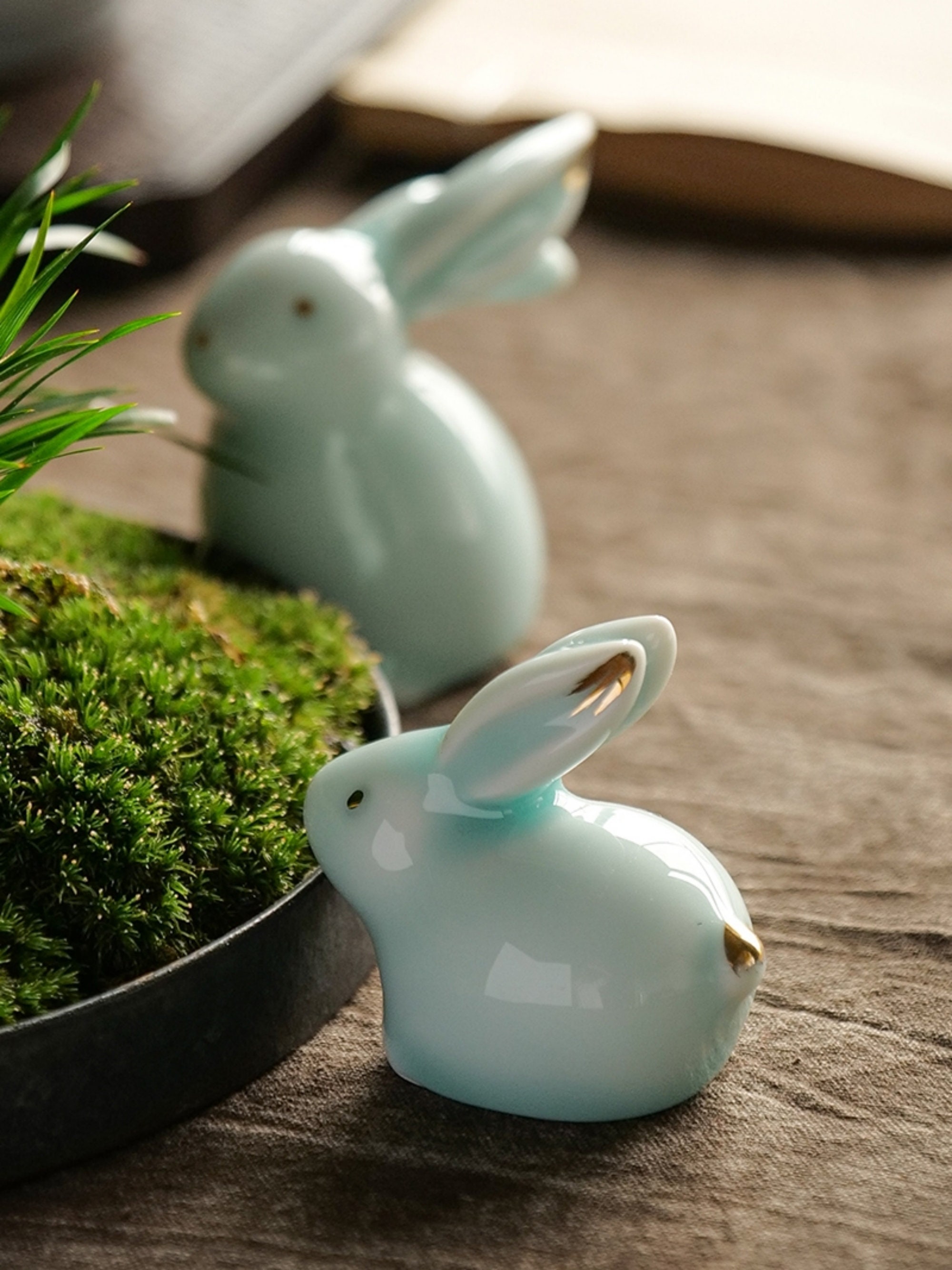 Ceramic Rabbit Figurine Handmade Rabbit Ceramic Bunny Sculpture Blue