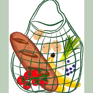 May include: A green mesh reusable shopping bag filled with groceries, including a loaf of bread, bananas, tomatoes, green onions, and blueberries.