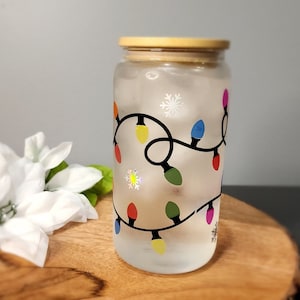 Personalized Color Change Christmas Lights Glass Cup with Lid and Straw, Holiday Iced Coffee Glass Tumbler, Beer Can Glass Cute Gift For Her