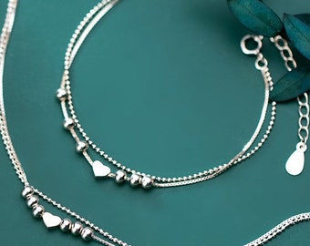Heart Bracelet | Graceful Love: Smooth Heart Minimalist Strand Bracelet| Anklet|925 Silver