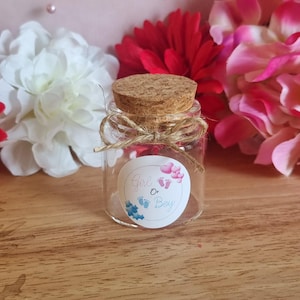 Può includere: Un piccolo barattolo di vetro trasparente con un tappo di sughero, legato con spago. Il barattolo ha un'etichetta con la scritta "Girl or Boy" con impronte rosa e blu. Lo sfondo include fiori bianchi, rossi e rosa.