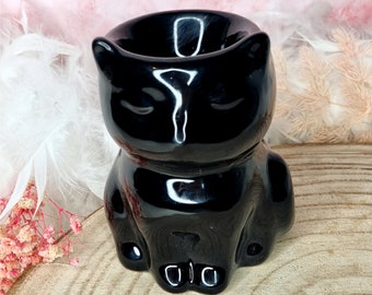Quemador de perfume gato negro en cerámica negra.