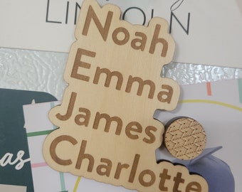 Personalized Family Name Wood Magnet: Engraved Kids Names