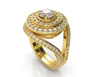 Afgeronde multistenen zetting 18 kt gouden brede band, sterlingzilver effenen moissanietvermeil dikke band art deco