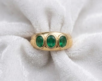 Koepelvorm 18 kt gouden vermeil dikke ring, ovale smaragd drievoudige edelsteen sterlingzilveren band voor haar