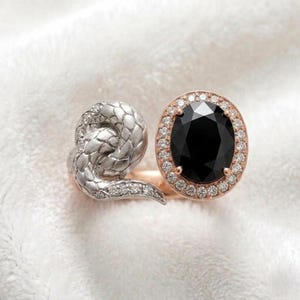 Puede incluir: Dos anillos sobre una superficie blanca. Uno presenta un diseño de serpiente plateada con detalles de diamantes. El otro tiene una gran gema negra ovalada rodeada por un halo de pequeños diamantes, engastada en una banda de oro rosa.